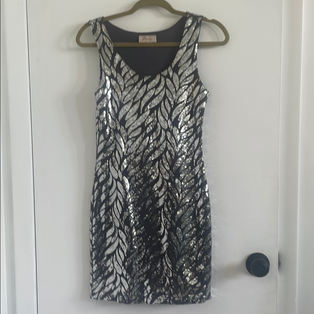 Cache Silver and Black Sequin Mini Dress